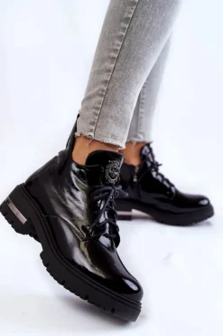 Boto Botki Skórzane|Botki Sznurowane*Zazoo 60309 Damskie Lakierowane Botki Na Płaskim Obcasie Czarne