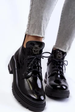 Boto Botki Skórzane|Botki Sznurowane*Zazoo 60309 Damskie Lakierowane Botki Na Płaskim Obcasie Czarne