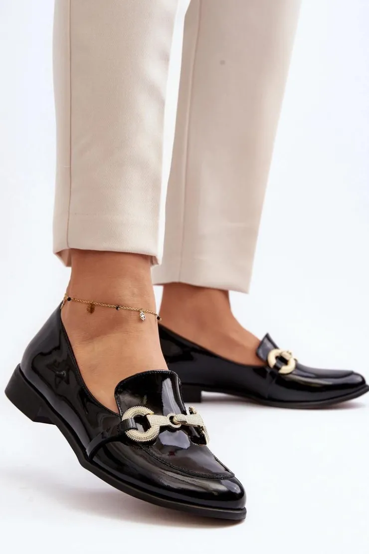 Damskie Zazoo 2880 Damskie Mokasyny Lakierowane Z Ozdobą Czarne