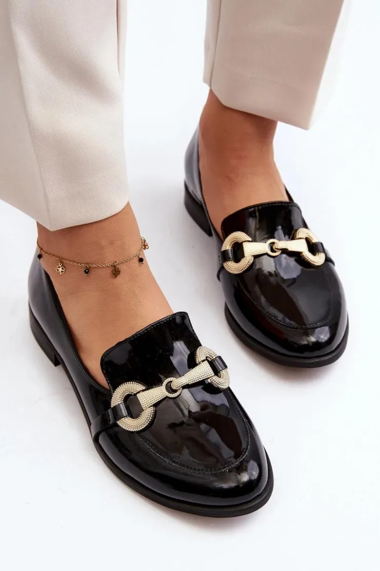 Damskie Zazoo 2880 Damskie Mokasyny Lakierowane Z Ozdobą Czarne