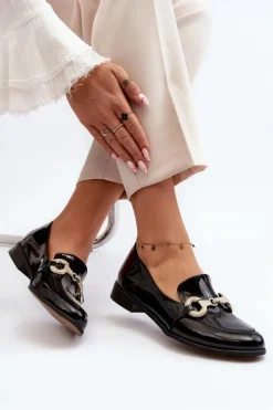 Damskie Zazoo 2880 Damskie Mokasyny Lakierowane Z Ozdobą Czarne