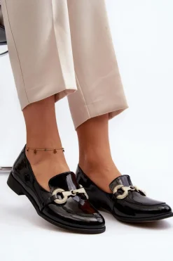 Damskie Zazoo 2880 Damskie Mokasyny Lakierowane Z Ozdobą Czarne