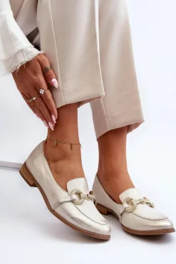 Best Zazoo 2880 Damskie Mokasyny Skórzane Z Ozdobą Złote Złoty