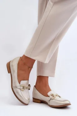 Best Zazoo 2880 Damskie Mokasyny Skórzane Z Ozdobą Złote Złoty