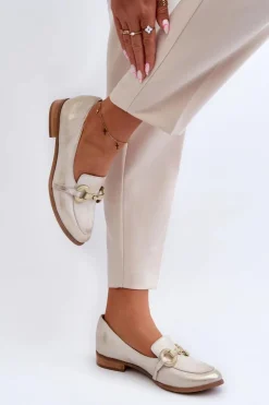 Best Zazoo 2880 Damskie Mokasyny Skórzane Z Ozdobą Złote Złoty