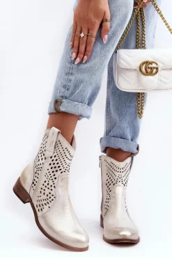 Discount Boto Zazoo 3305/2 Damskie Skórzane Ażurowe Botki Kowbojki Złote