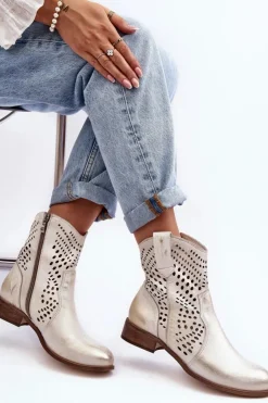 Discount Boto Zazoo 3305/2 Damskie Skórzane Ażurowe Botki Kowbojki Złote