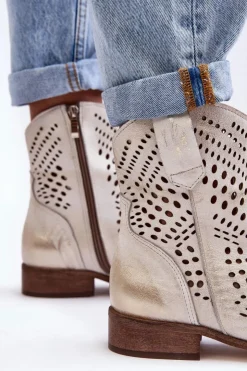 Discount Boto Zazoo 3305/2 Damskie Skórzane Ażurowe Botki Kowbojki Złote