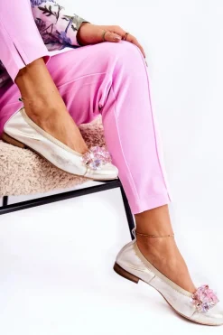 Damskie Zazoo 2749 Damskie Skórzane Baleriny Z Kryształkami Biało-Złote