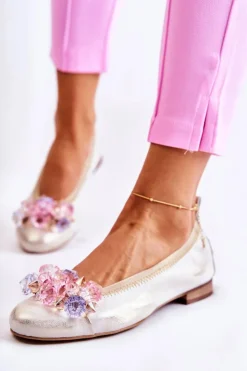 Damskie Zazoo 2749 Damskie Skórzane Baleriny Z Kryształkami Biało-Złote