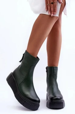 Zazoo Botki Skórzane|Botki Zimowe Damskie*60369 Damskie Skórzane Botki Na Platformie Zielone