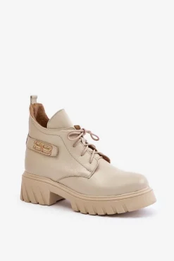 New Zazoo 60483 Damskie Skórzane Botki Z Niską Cholewką Ocieplane Beżowe Beżowy