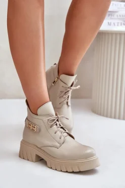 New Zazoo 60483 Damskie Skórzane Botki Z Niską Cholewką Ocieplane Beżowe Beżowy