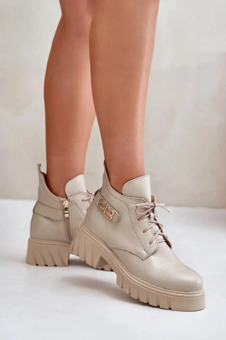 New Zazoo 60483 Damskie Skórzane Botki Z Niską Cholewką Ocieplane Beżowe Beżowy