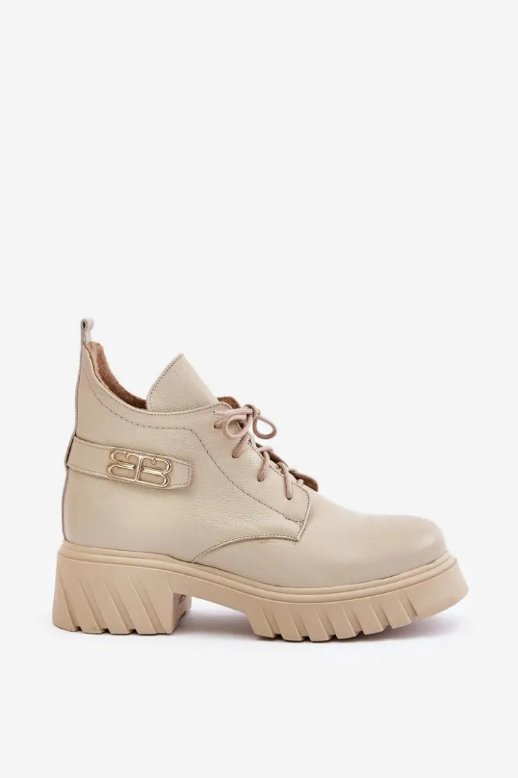 New Zazoo 60483 Damskie Skórzane Botki Z Niską Cholewką Ocieplane Beżowe Beżowy