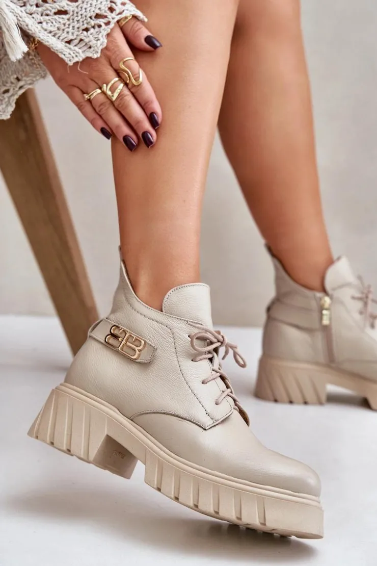 New Zazoo 60483 Damskie Skórzane Botki Z Niską Cholewką Ocieplane Beżowe Beżowy