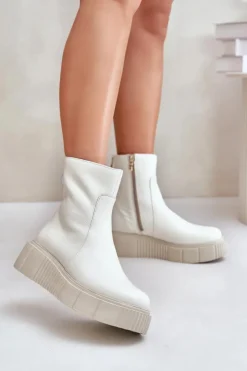 Damskie Zazoo 60369 Damskie Skórzane Botki Na Platformie Jasnobeżowe