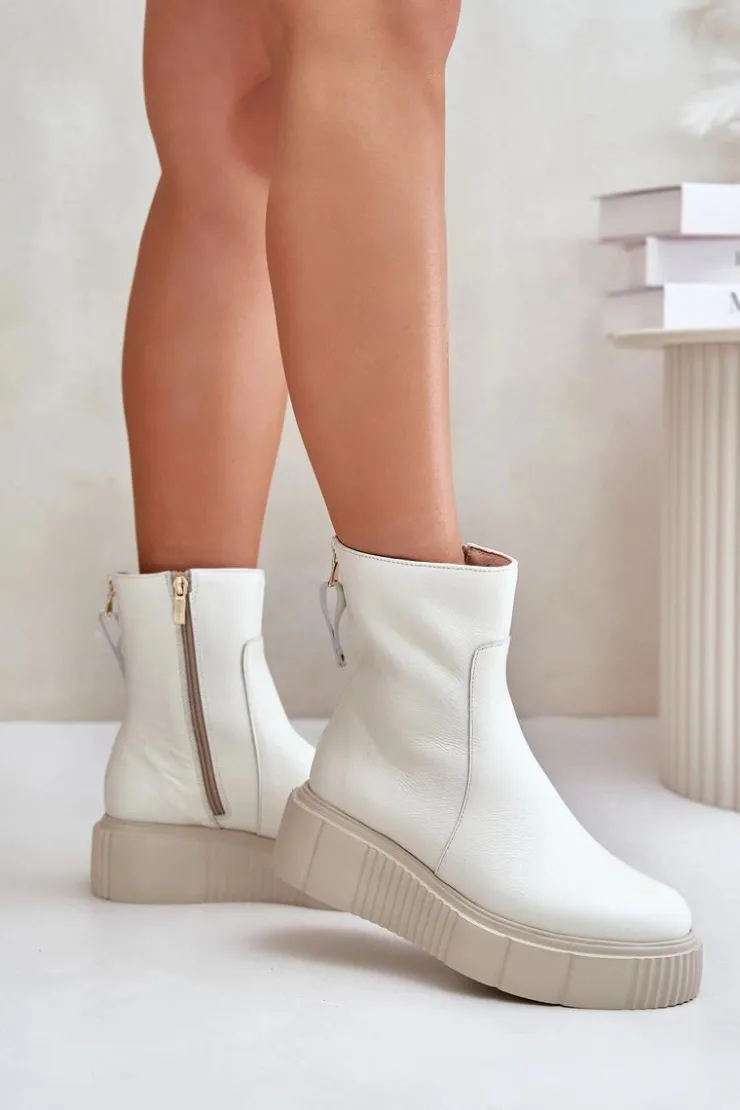 Damskie Zazoo 60369 Damskie Skórzane Botki Na Platformie Jasnobeżowe