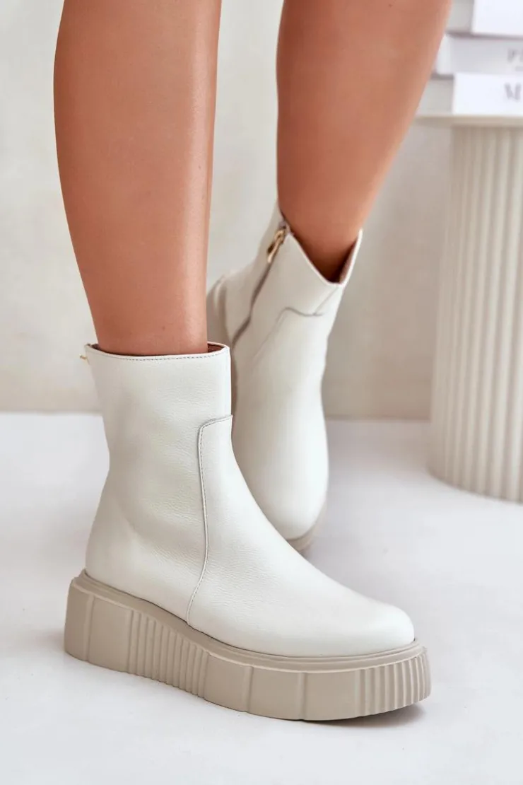 Damskie Zazoo 60369 Damskie Skórzane Botki Na Platformie Jasnobeżowe