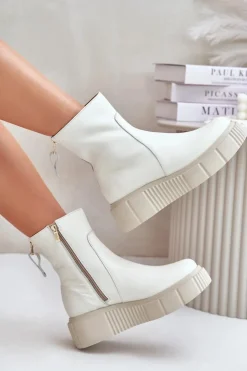 Damskie Zazoo 60369 Damskie Skórzane Botki Na Platformie Jasnobeżowe