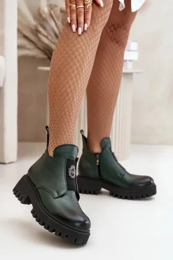 Online Boto Zazoo 60451 Damskie Skórzane Botki Z Ozdobą Ciemnozielone Zielony