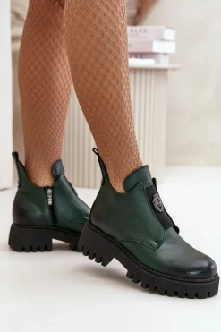 Online Boto Zazoo 60451 Damskie Skórzane Botki Z Ozdobą Ciemnozielone Zielony