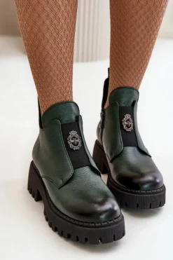 Online Boto Zazoo 60451 Damskie Skórzane Botki Z Ozdobą Ciemnozielone Zielony