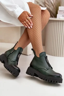 Online Boto Zazoo 60451 Damskie Skórzane Botki Z Ozdobą Ciemnozielone Zielony