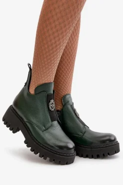 Online Boto Zazoo 60451 Damskie Skórzane Botki Z Ozdobą Ciemnozielone Zielony