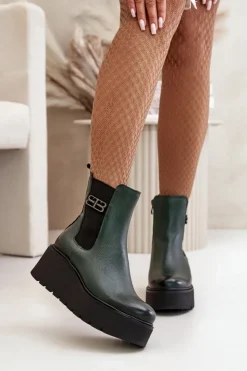 Zazoo Botki Ocieplane|Botki Skórzane*60498 Damskie Skórzane Botki Sztyblety Na Platformie I Koturnie Ciemnozielone