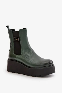 Zazoo Botki Ocieplane|Botki Skórzane*60498 Damskie Skórzane Botki Sztyblety Na Platformie I Koturnie Ciemnozielone