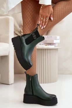 Zazoo Botki Ocieplane|Botki Skórzane*60498 Damskie Skórzane Botki Sztyblety Na Platformie I Koturnie Ciemnozielone
