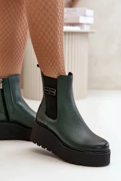 Zazoo Botki Ocieplane|Botki Skórzane*60498 Damskie Skórzane Botki Sztyblety Na Platformie I Koturnie Ciemnozielone