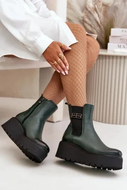 Zazoo Botki Ocieplane|Botki Skórzane*60498 Damskie Skórzane Botki Sztyblety Na Platformie I Koturnie Ciemnozielone