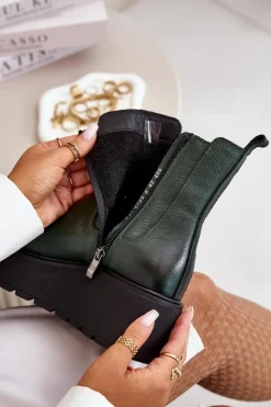 Zazoo Botki Ocieplane|Botki Skórzane*60498 Damskie Skórzane Botki Sztyblety Na Platformie I Koturnie Ciemnozielone