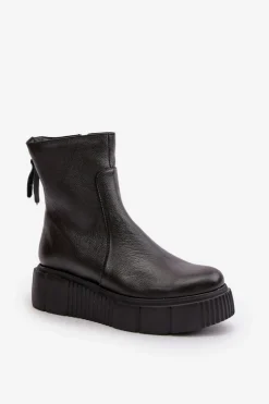 Zazoo Botki Ocieplane|Botki Skórzane*60369 Damskie Skórzane Botki Na Platformie Czarne Czarny