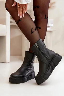 Zazoo Botki Ocieplane|Botki Skórzane*60369 Damskie Skórzane Botki Na Platformie Czarne Czarny