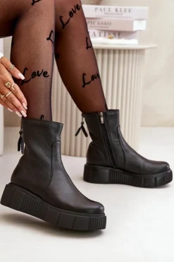 Zazoo Botki Ocieplane|Botki Skórzane*60369 Damskie Skórzane Botki Na Platformie Czarne Czarny