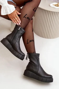 Zazoo Botki Ocieplane|Botki Skórzane*60369 Damskie Skórzane Botki Na Platformie Czarne Czarny