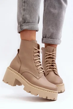 Best Zazoo 3413 Damskie Skórzane Botki Workery Na Masywnym Obcasie Beżowe