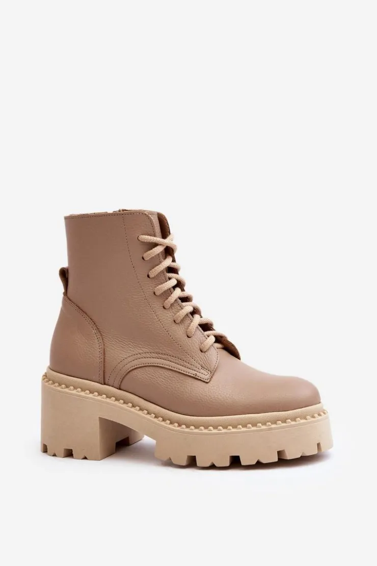 Best Zazoo 3413 Damskie Skórzane Botki Workery Na Masywnym Obcasie Beżowe