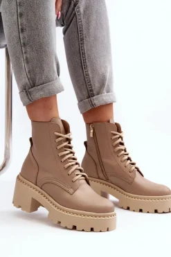 Best Zazoo 3413 Damskie Skórzane Botki Workery Na Masywnym Obcasie Beżowe