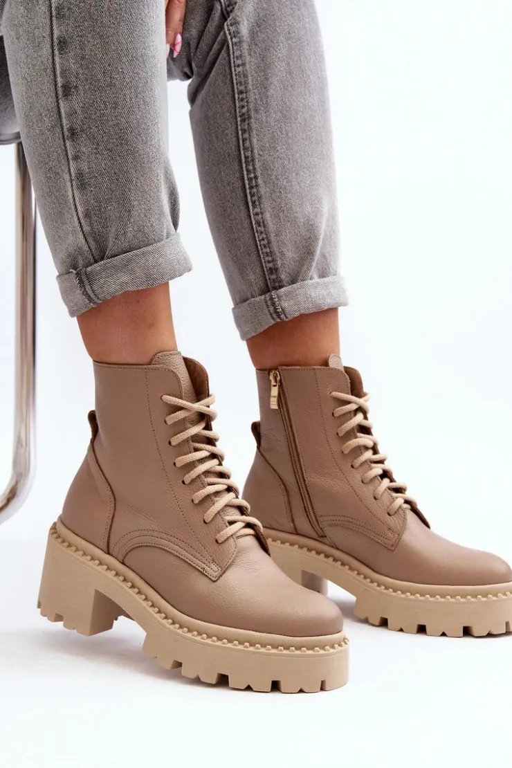 Best Zazoo 3413 Damskie Skórzane Botki Workery Na Masywnym Obcasie Beżowe