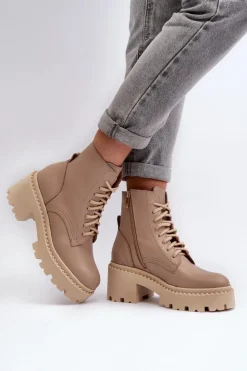 Best Zazoo 3413 Damskie Skórzane Botki Workery Na Masywnym Obcasie Beżowe