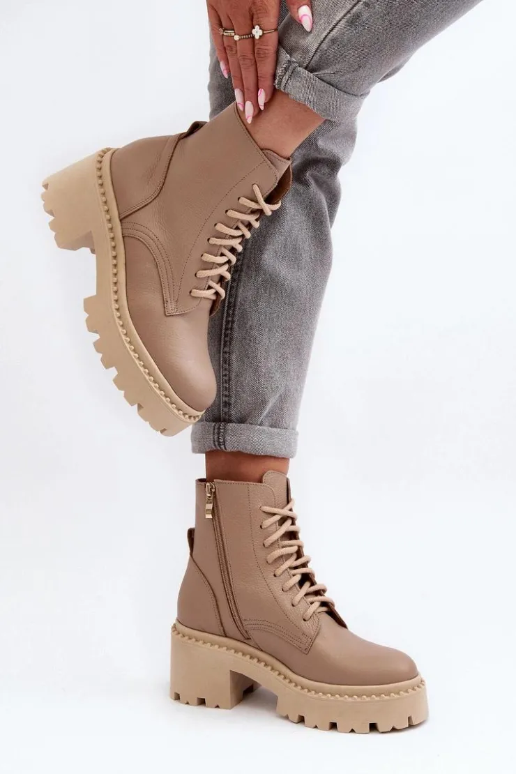 Best Zazoo 3413 Damskie Skórzane Botki Workery Na Masywnym Obcasie Beżowe