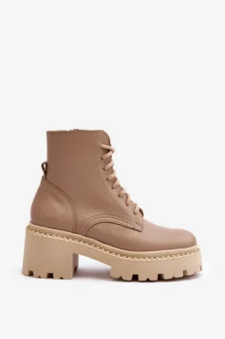 Best Zazoo 3413 Damskie Skórzane Botki Workery Na Masywnym Obcasie Beżowe