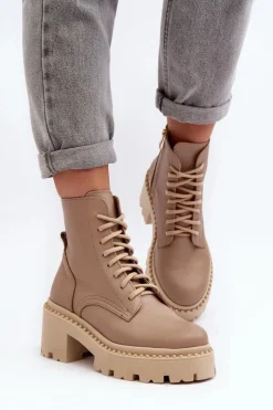 Best Zazoo 3413 Damskie Skórzane Botki Workery Na Masywnym Obcasie Beżowe