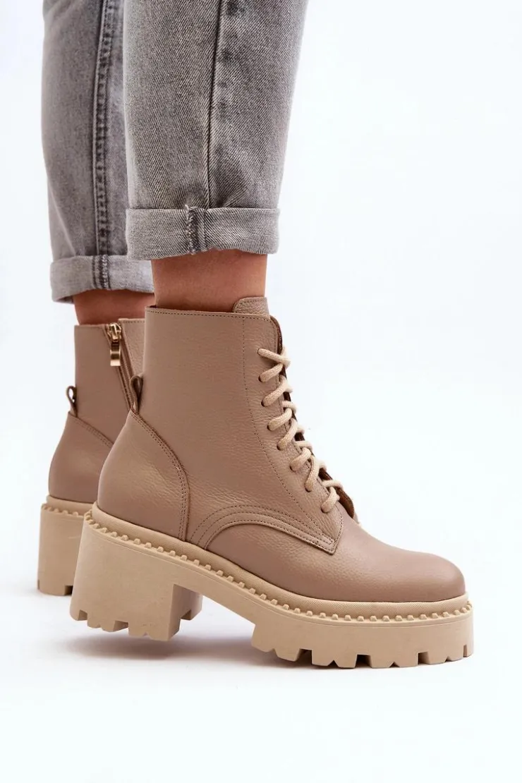 Best Zazoo 3413 Damskie Skórzane Botki Workery Na Masywnym Obcasie Beżowe