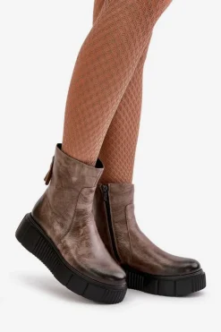 Best Zazoo 60369 Damskie Skórzane Botki Na Platformie Ciemnobeżowe Beżowy