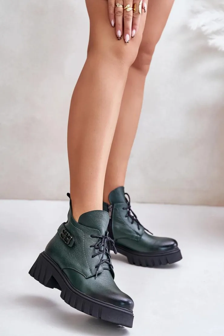 Damskie Zazoo 60483 Damskie Skórzane Botki Z Niską Cholewką Ocieplane Ciemnozielone